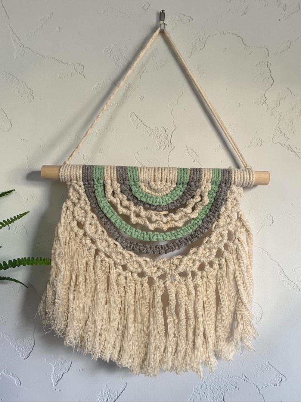 Handmade Macrame Wall Hanging in Cream, Sage & Gray